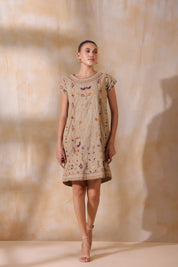 Women Khaki Cotton Flex Linen Front Embroidery Dress