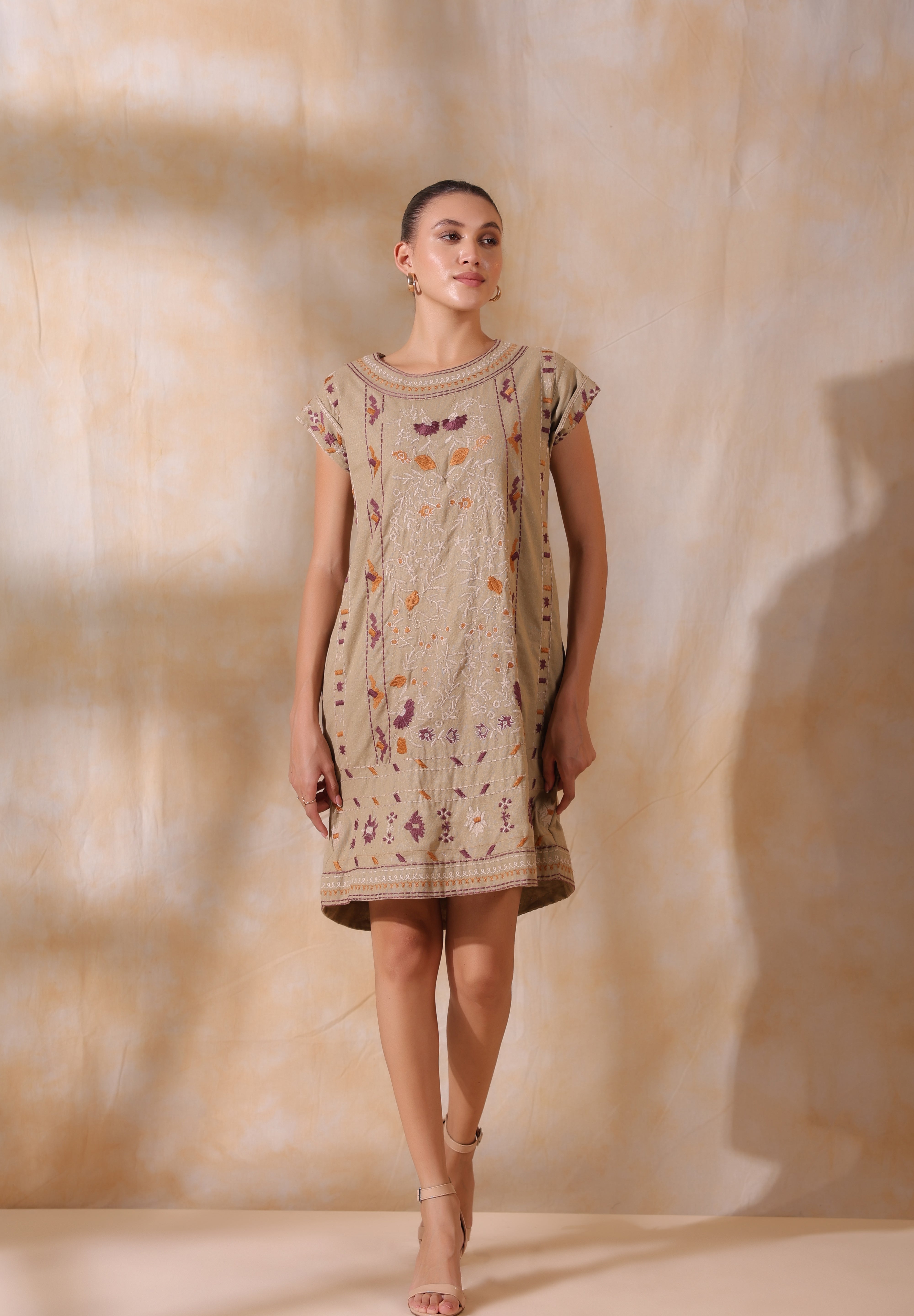 Women Khaki Cotton Flex Linen Front Embroidery Dress