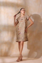 Women Khaki Cotton Flex Linen Front Embroidery Dress