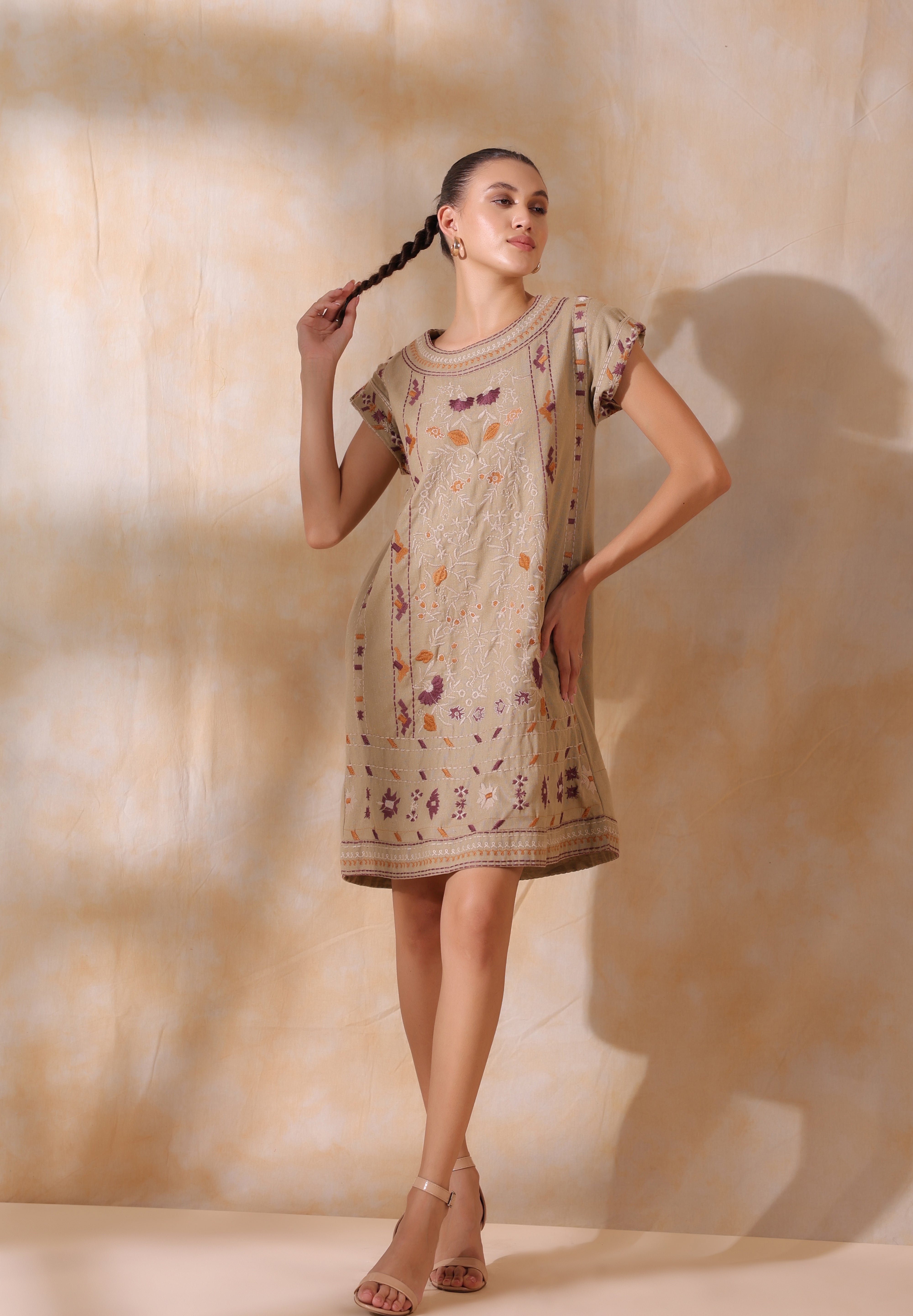 Women Khaki Cotton Flex Linen Front Embroidery Dress