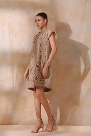 Women Khaki Cotton Flex Linen Front Embroidery Dress