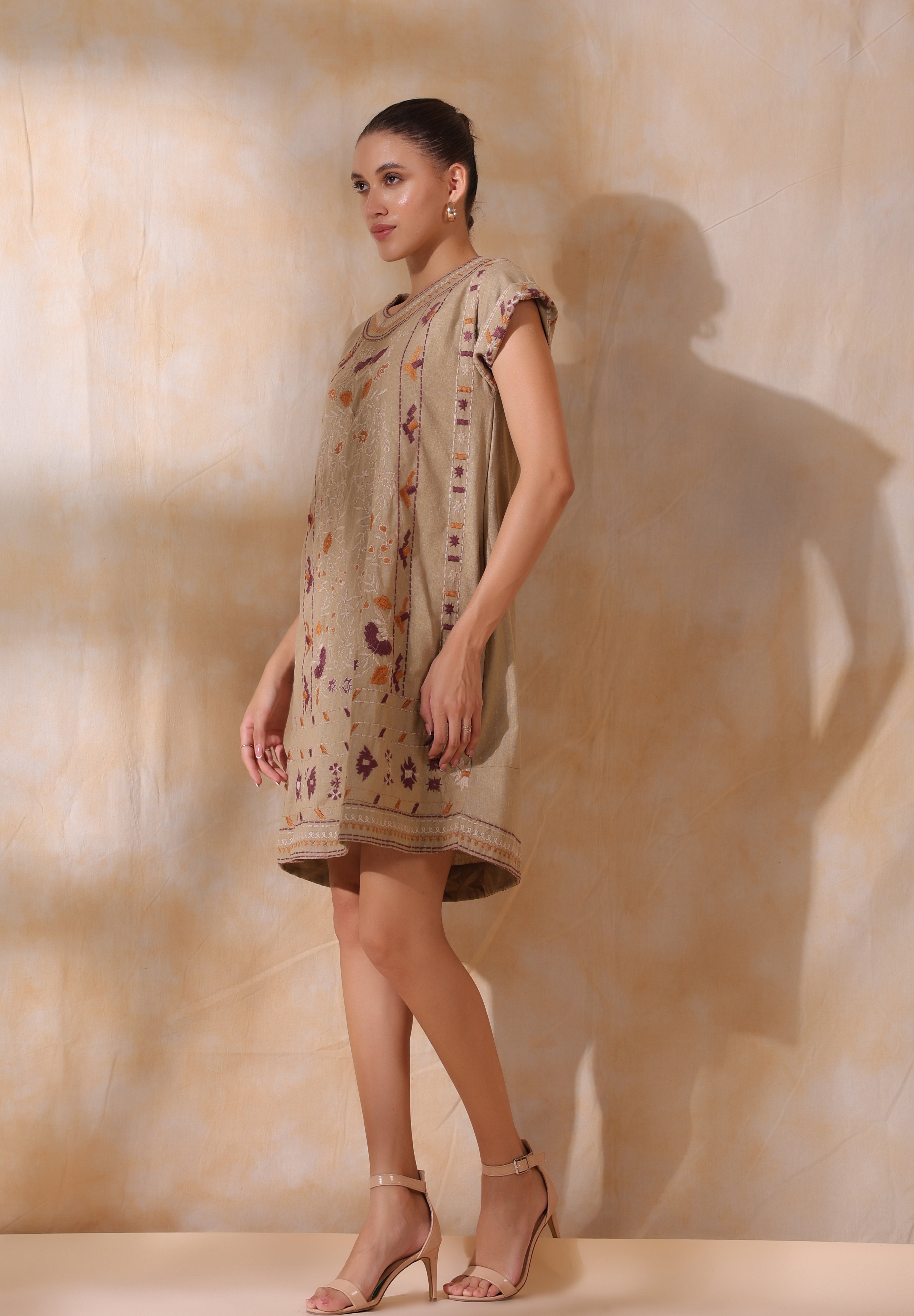 Women Khaki Cotton Flex Linen Front Embroidery Dress