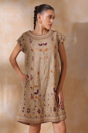 Women Khaki Cotton Flex Linen Front Embroidery Dress