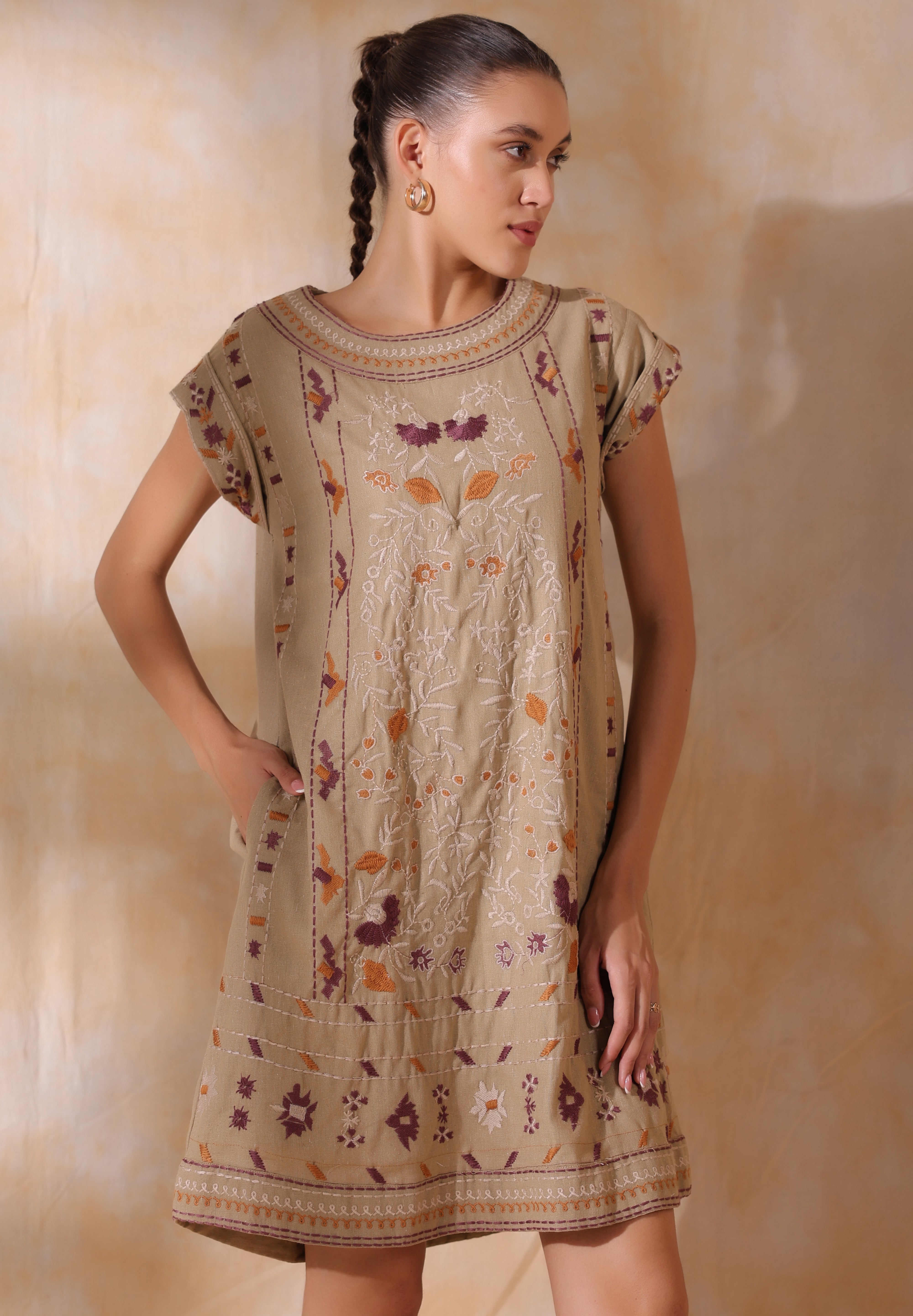 Women Khaki Cotton Flex Linen Front Embroidery Dress