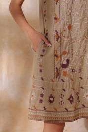 Women Khaki Cotton Flex Linen Front Embroidery Dress