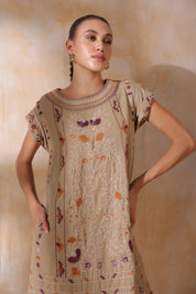 Women Khaki Cotton Flex Linen Front Embroidery Dress