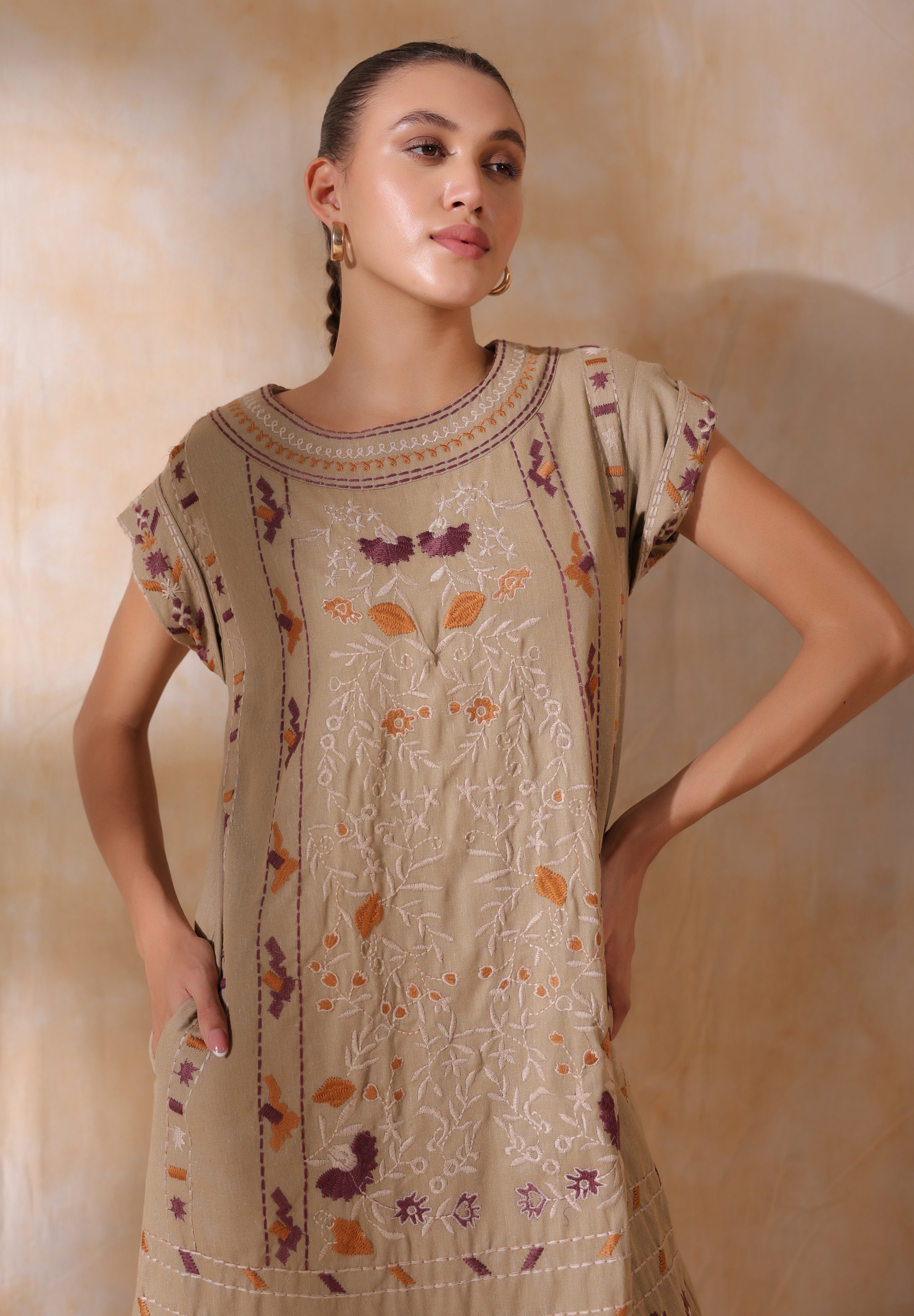 Women Khaki Cotton Flex Linen Front Embroidery Dress