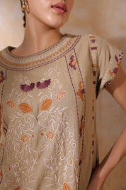 Women Khaki Cotton Flex Linen Front Embroidery Dress