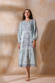 Women Blue Cotton Dobby Embroidery Long Dress