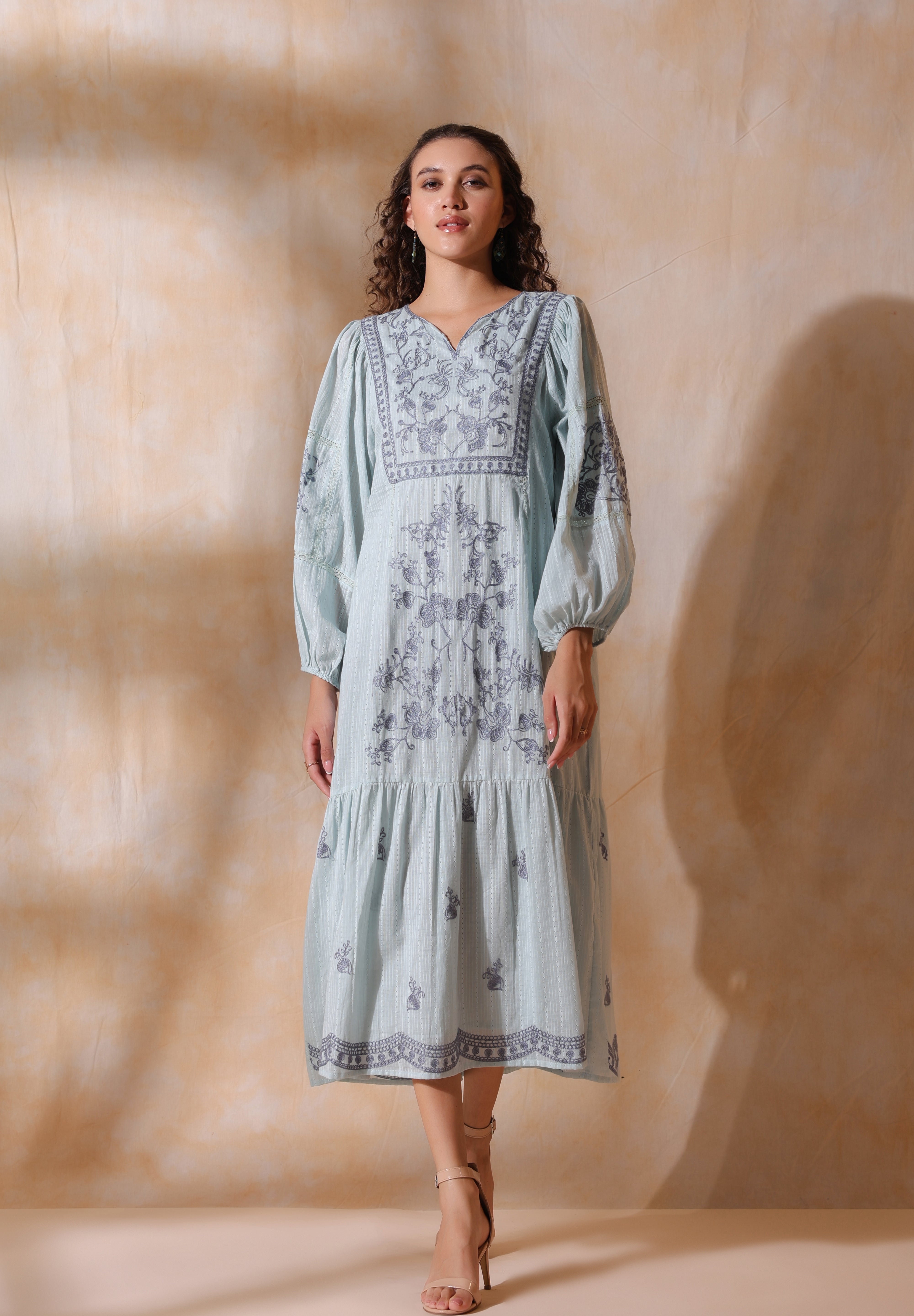 Women Blue Cotton Dobby Embroidery Long Dress