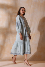 Women Blue Cotton Dobby Embroidery Long Dress