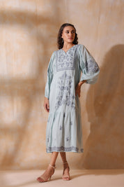 Women Blue Cotton Dobby Embroidery Long Dress