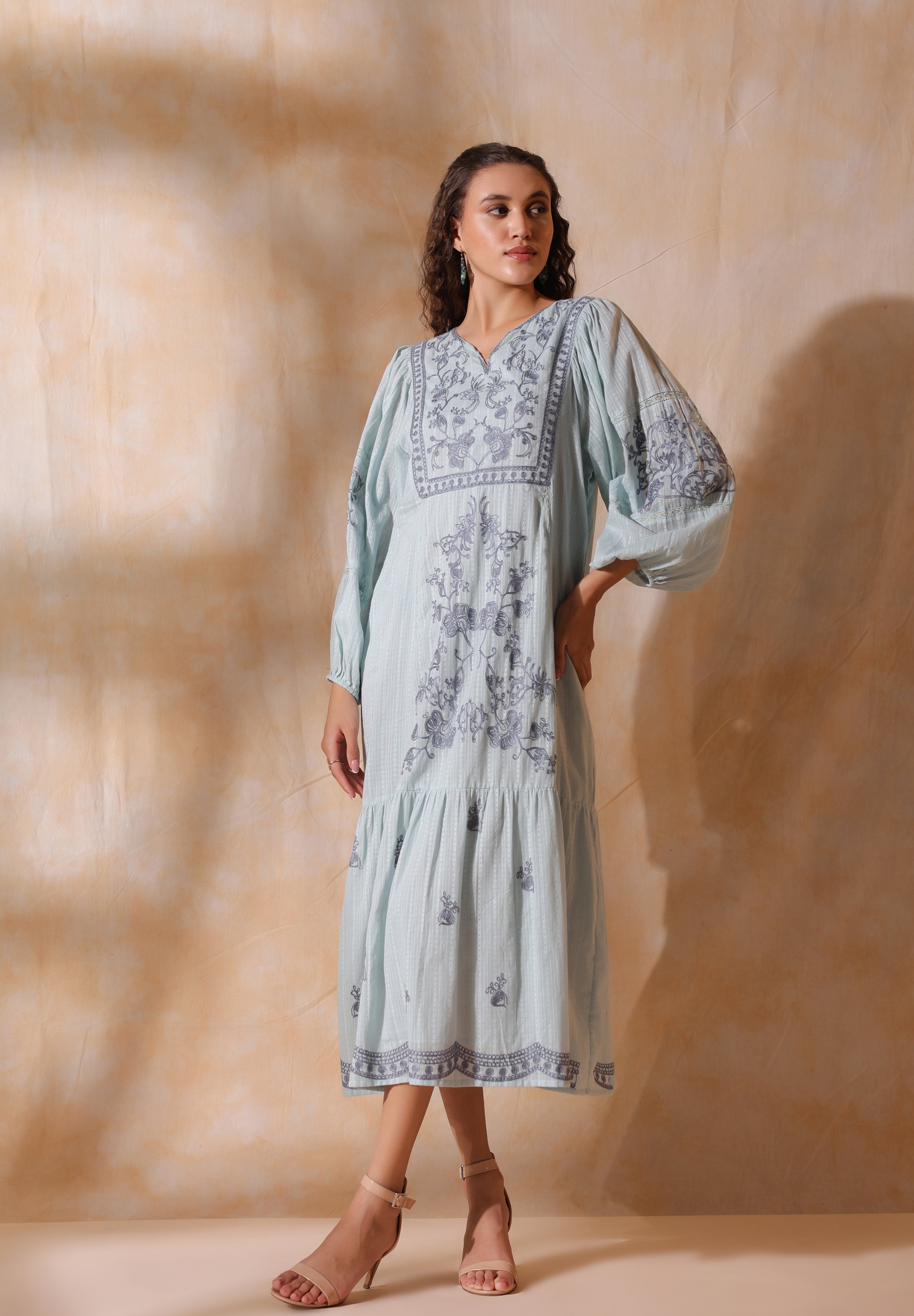 Women Blue Cotton Dobby Embroidery Long Dress