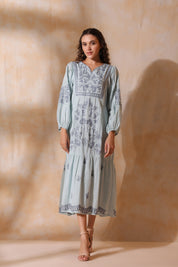 Women Blue Cotton Dobby Embroidery Long Dress