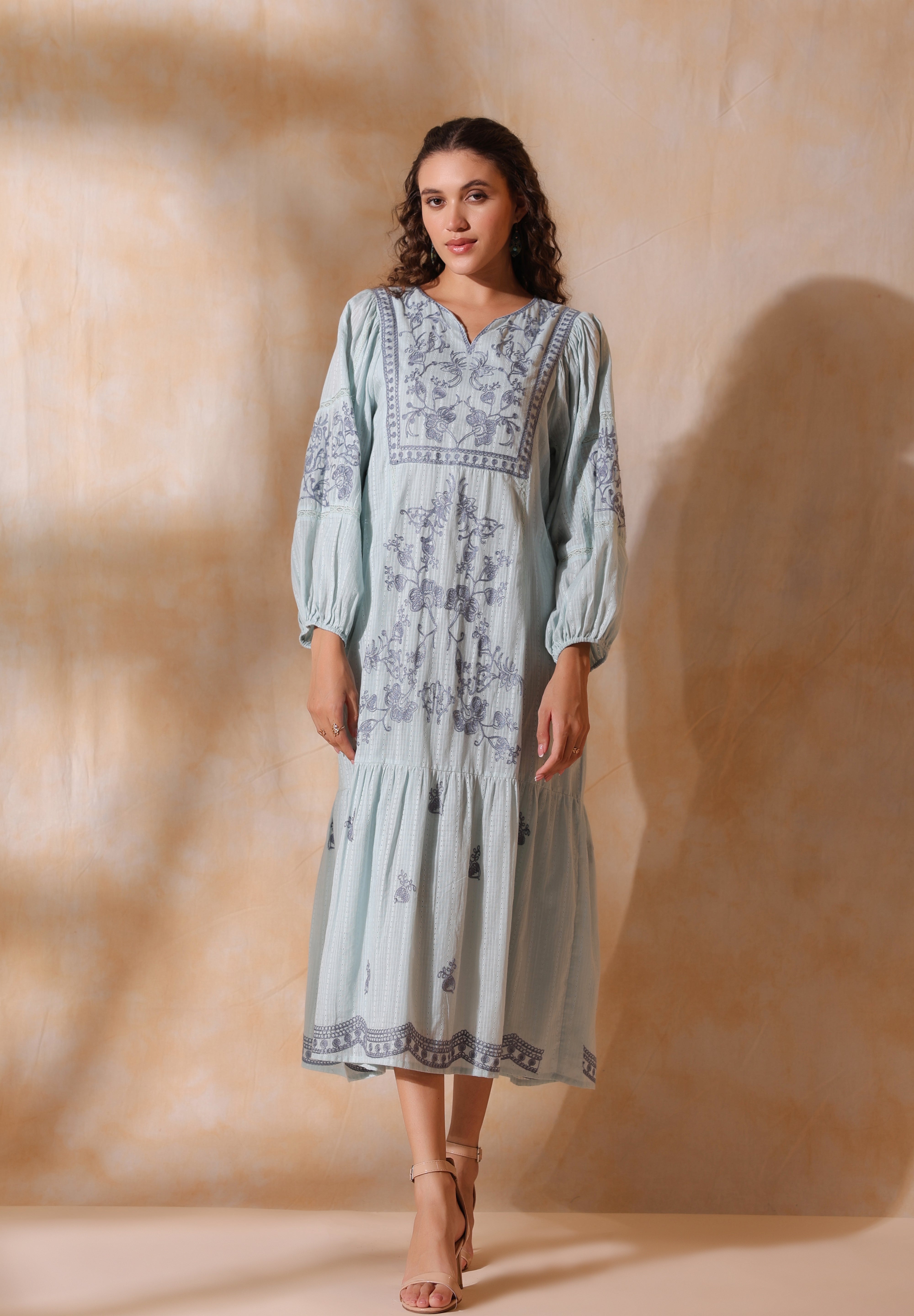 Women Blue Cotton Dobby Embroidery Long Dress