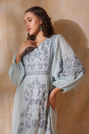 Women Blue Cotton Dobby Embroidery Long Dress