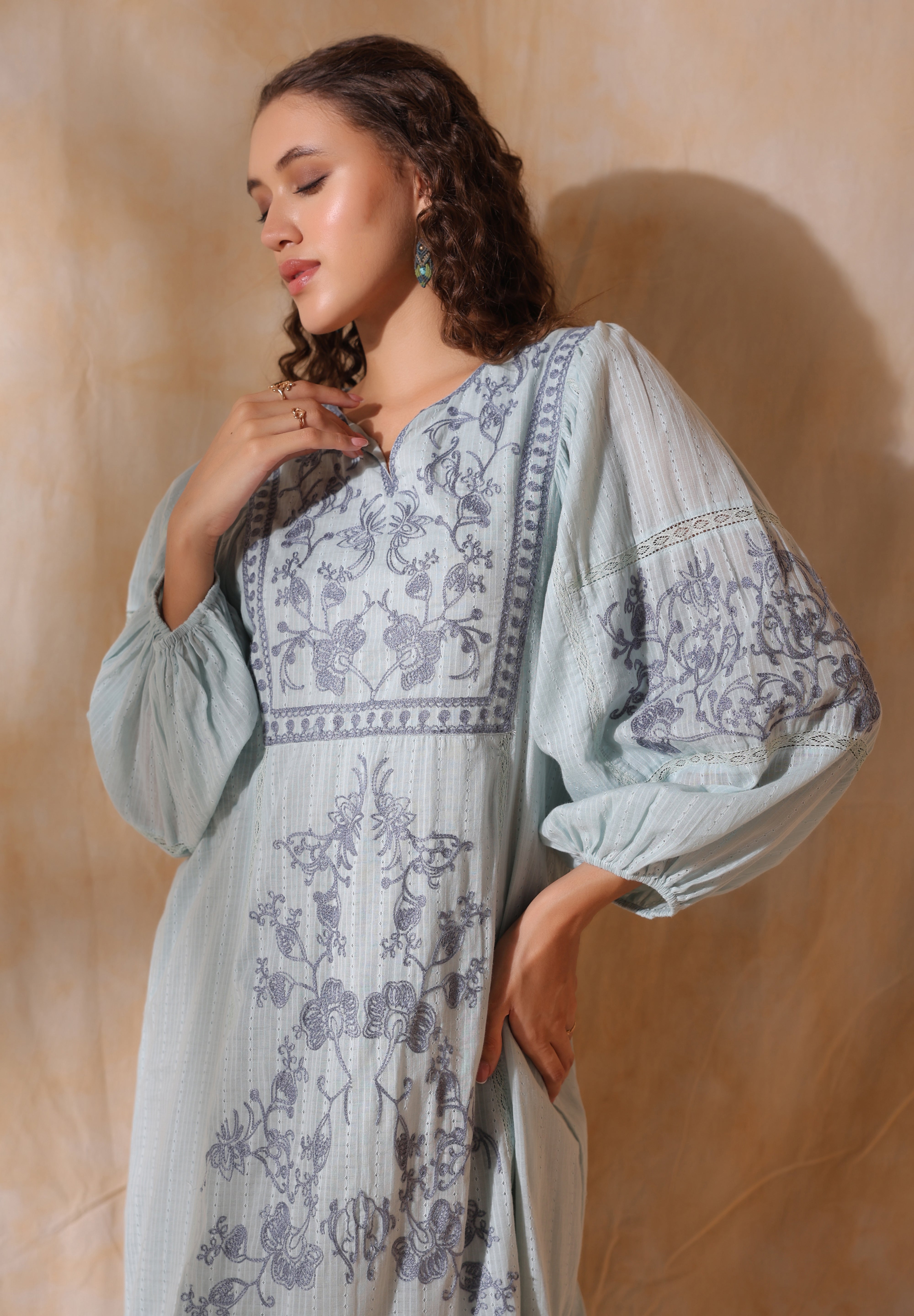 Women Blue Cotton Dobby Embroidery Long Dress