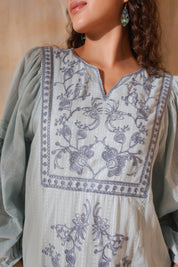 Women Blue Cotton Dobby Embroidery Long Dress