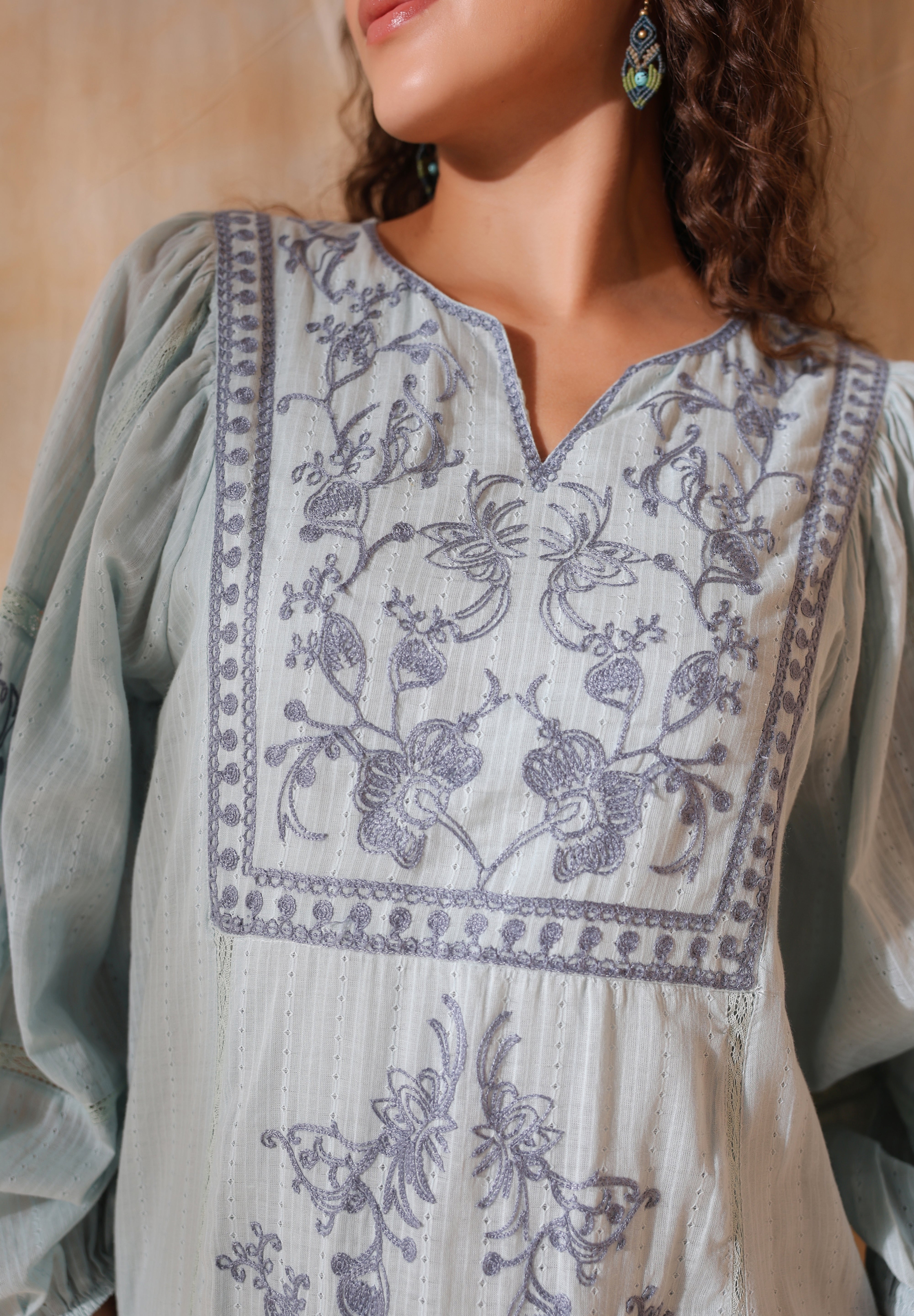 Women Blue Cotton Dobby Embroidery Long Dress