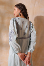 Women Blue Cotton Dobby Embroidery Long Dress