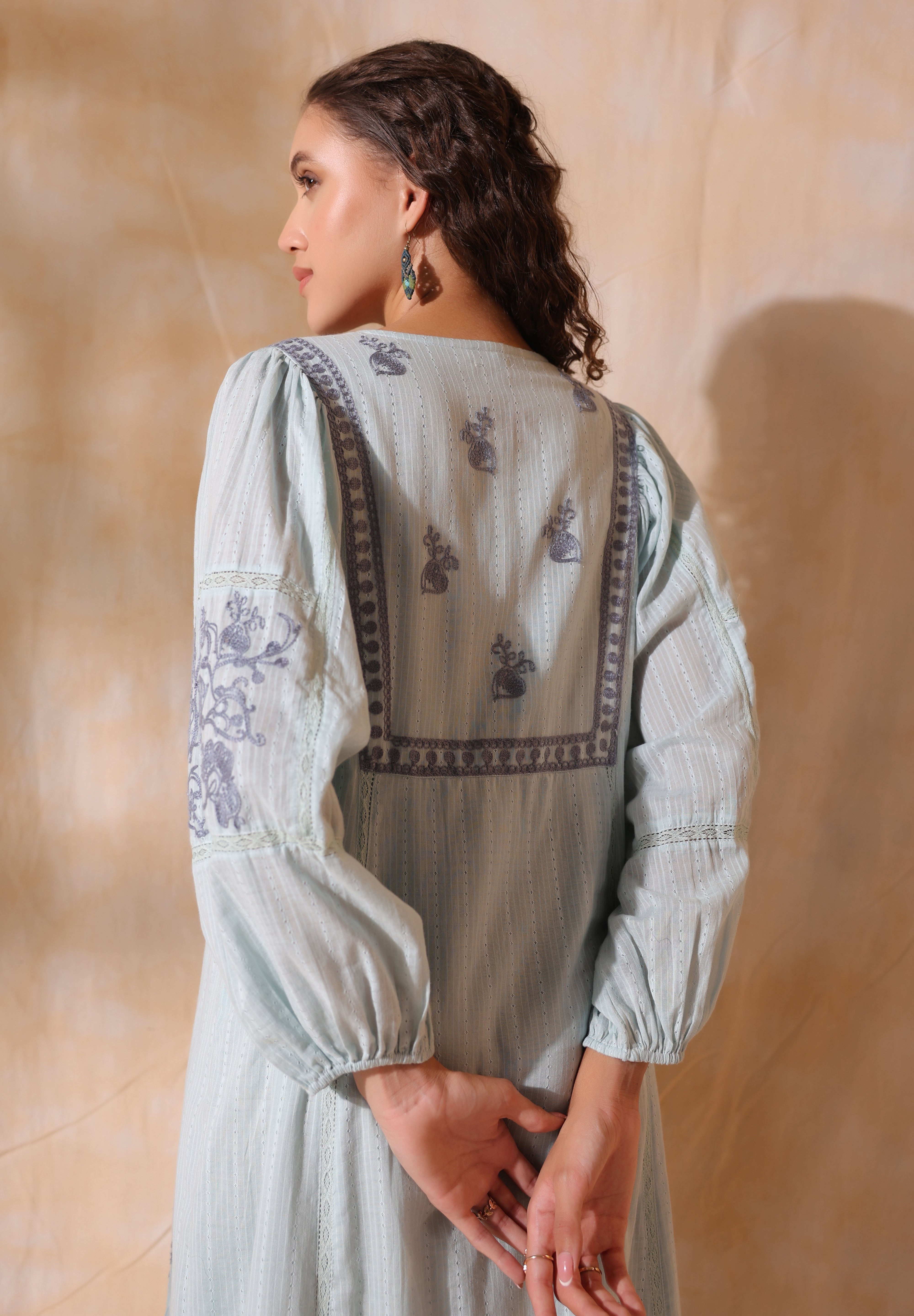 Women Blue Cotton Dobby Embroidery Long Dress