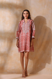 Women Brown Cotton Linen Lace With Dori Embroidery Dress