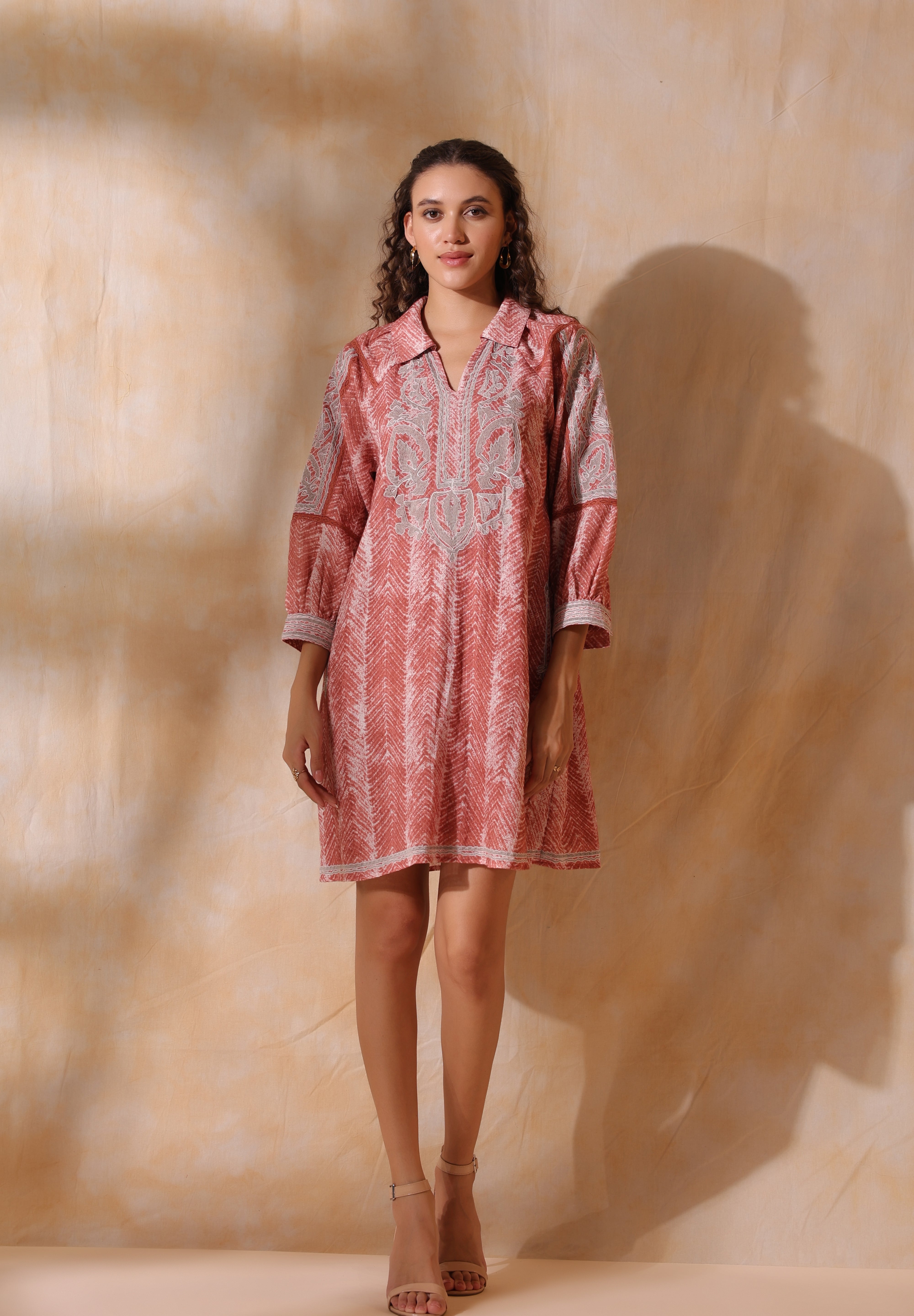 Women Brown Cotton Linen Lace With Dori Embroidery Dress