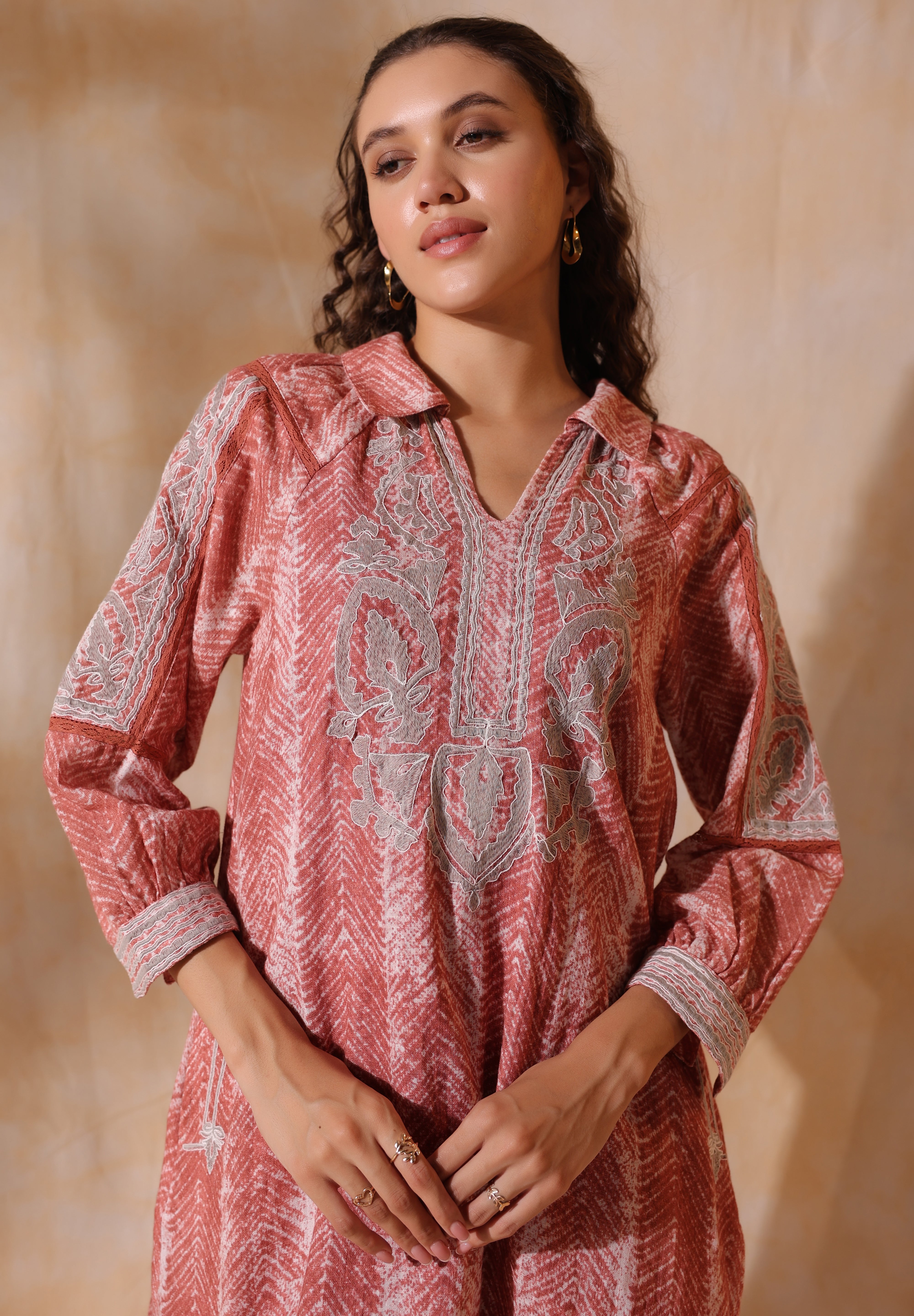 Women Brown Cotton Linen Lace With Dori Embroidery Dress