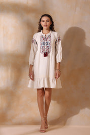 Women Beige Cotton Flex Linen Lace With Dori Embroidery Dress