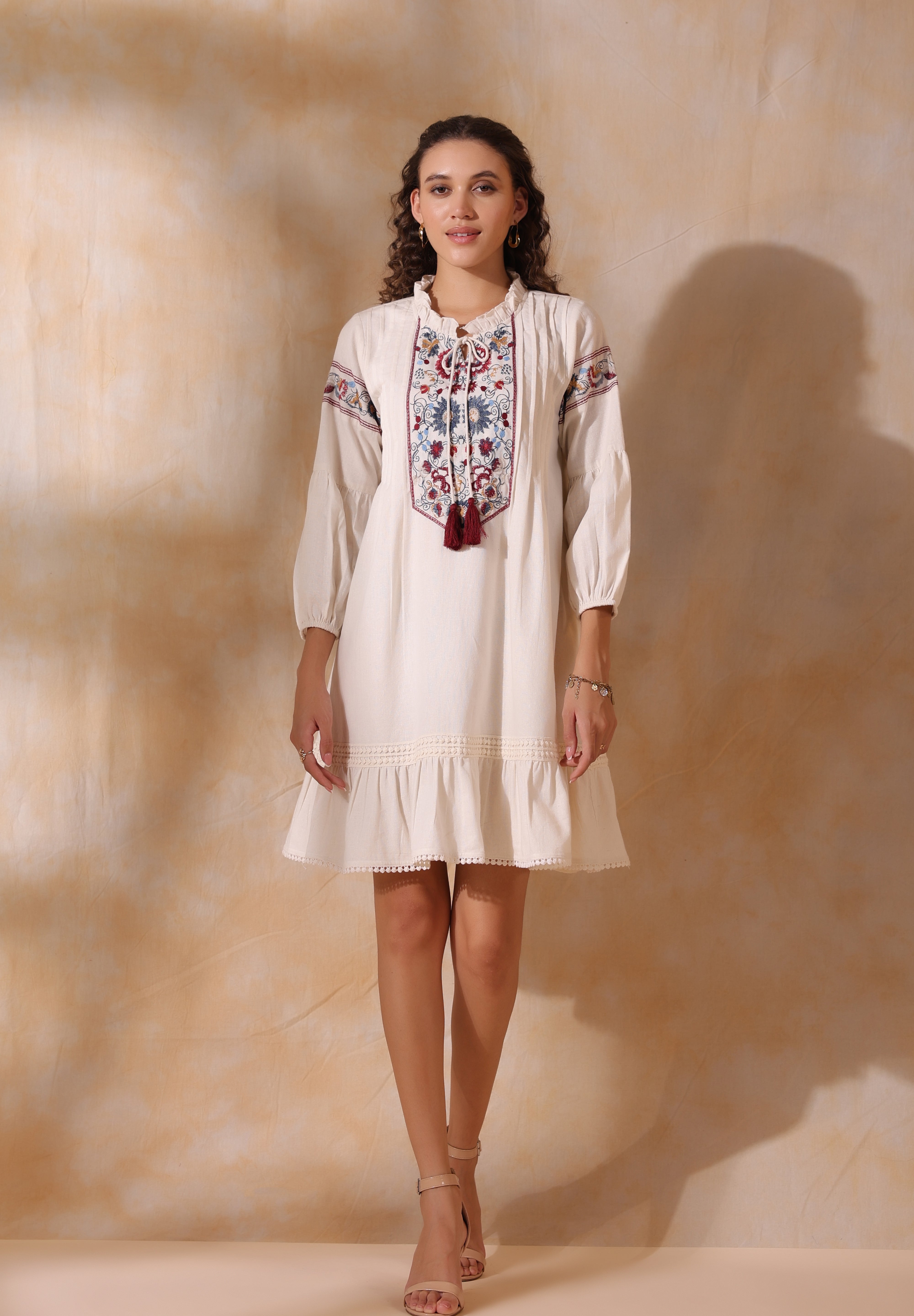 Women Beige Cotton Flex Linen Lace With Dori Embroidery Dress