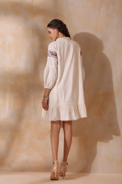 Women Beige Cotton Flex Linen Lace With Dori Embroidery Dress