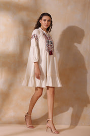 Women Beige Cotton Flex Linen Lace With Dori Embroidery Dress