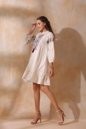 Women Beige Cotton Flex Linen Lace With Dori Embroidery Dress