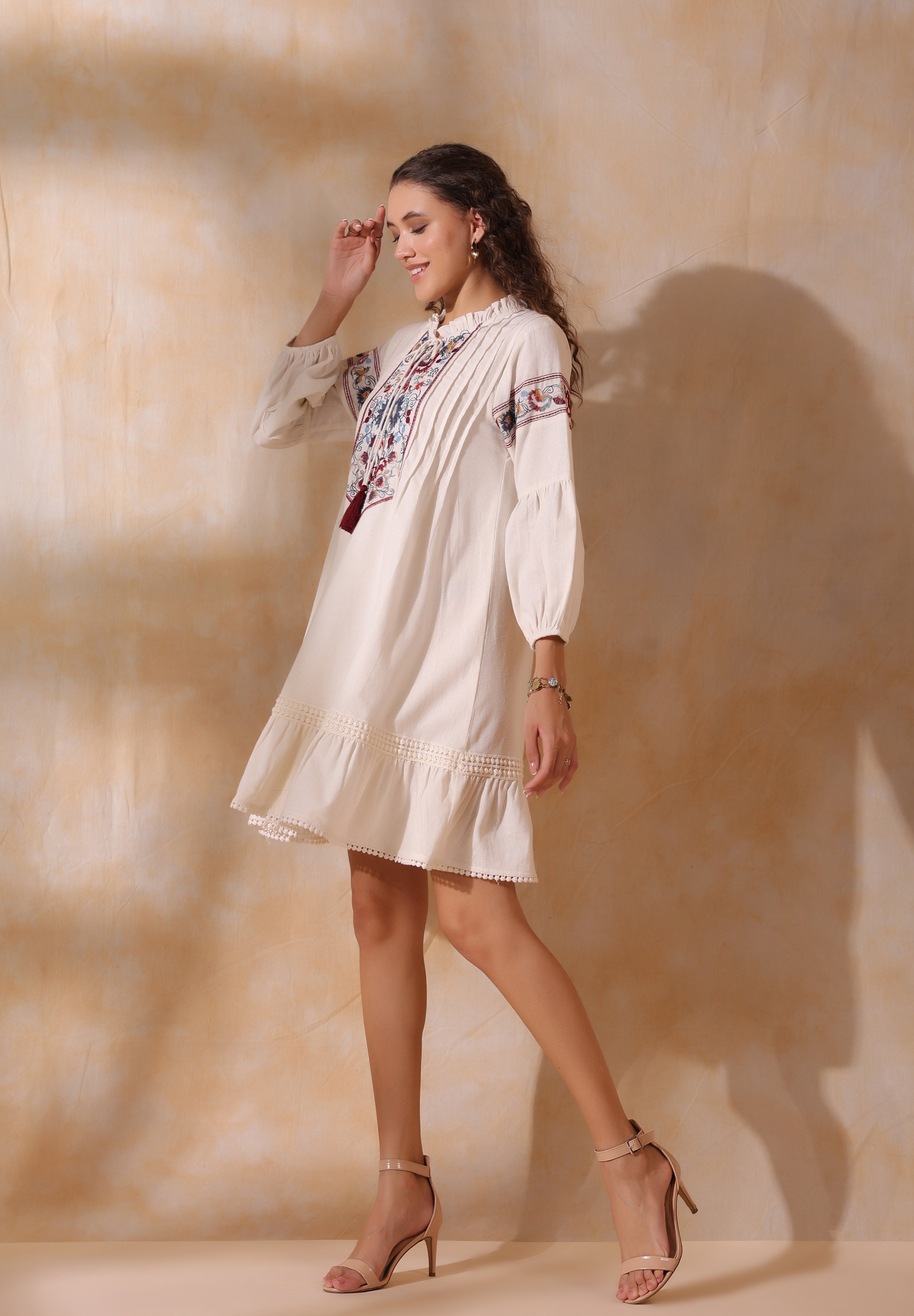 Women Beige Cotton Flex Linen Lace With Dori Embroidery Dress