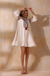 Women Beige Cotton Flex Linen Lace With Dori Embroidery Dress