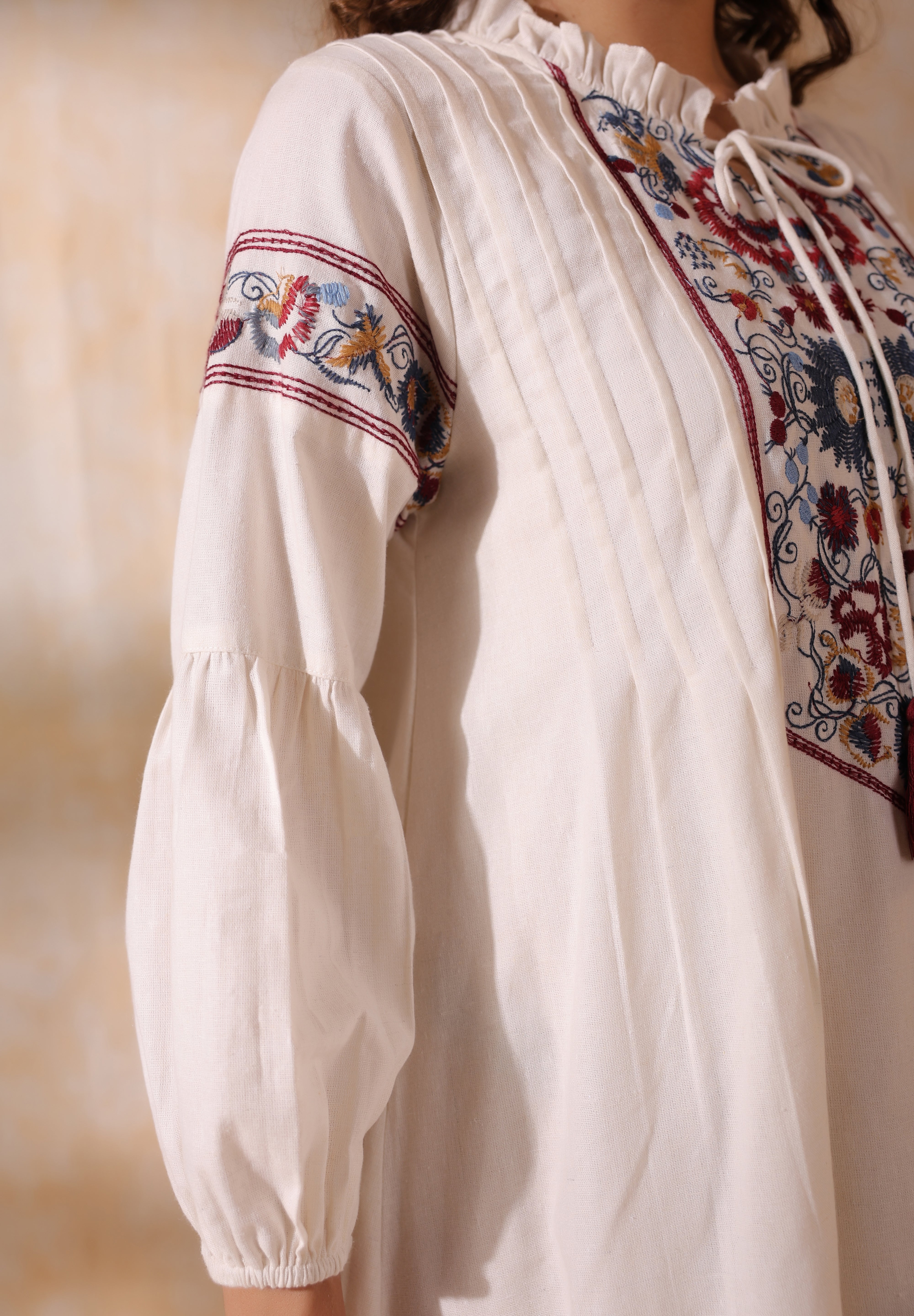 Women Beige Cotton Flex Linen Lace With Dori Embroidery Dress