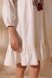 Women Beige Cotton Flex Linen Lace With Dori Embroidery Dress