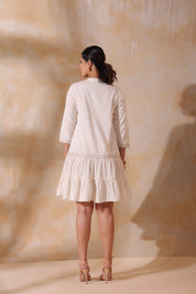 Women Beige Cotton Flex Linen Embroidery Fril Dress