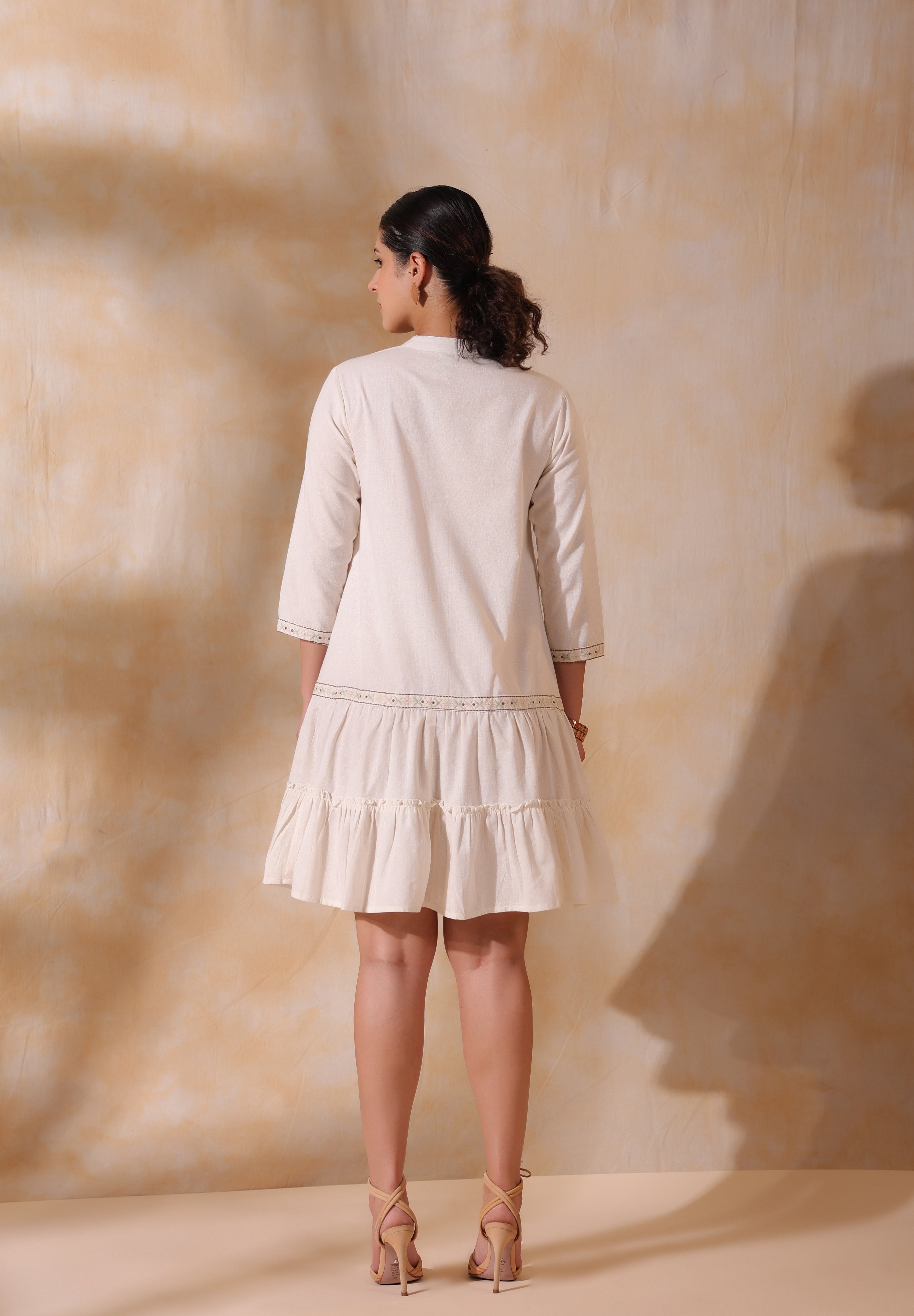 Women Beige Cotton Flex Linen Embroidery Fril Dress