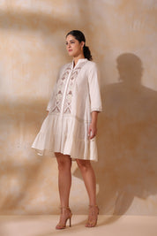 Women Beige Cotton Flex Linen Embroidery Fril Dress