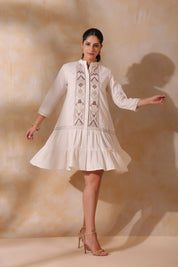 Women Beige Cotton Flex Linen Embroidery Fril Dress