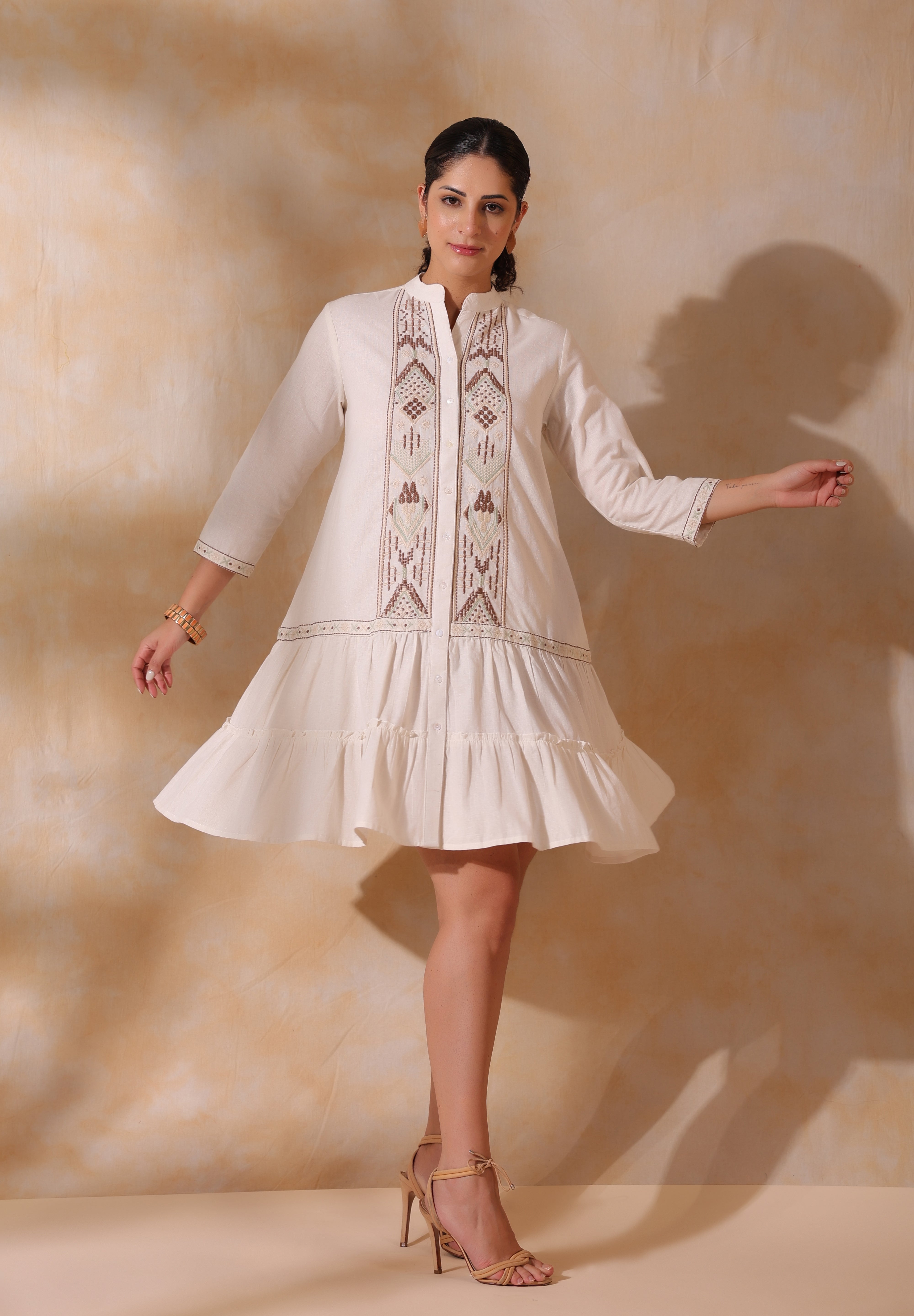 Women Beige Cotton Flex Linen Embroidery Fril Dress