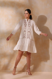 Women Beige Cotton Flex Linen Embroidery Fril Dress