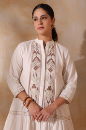 Women Beige Cotton Flex Linen Embroidery Fril Dress