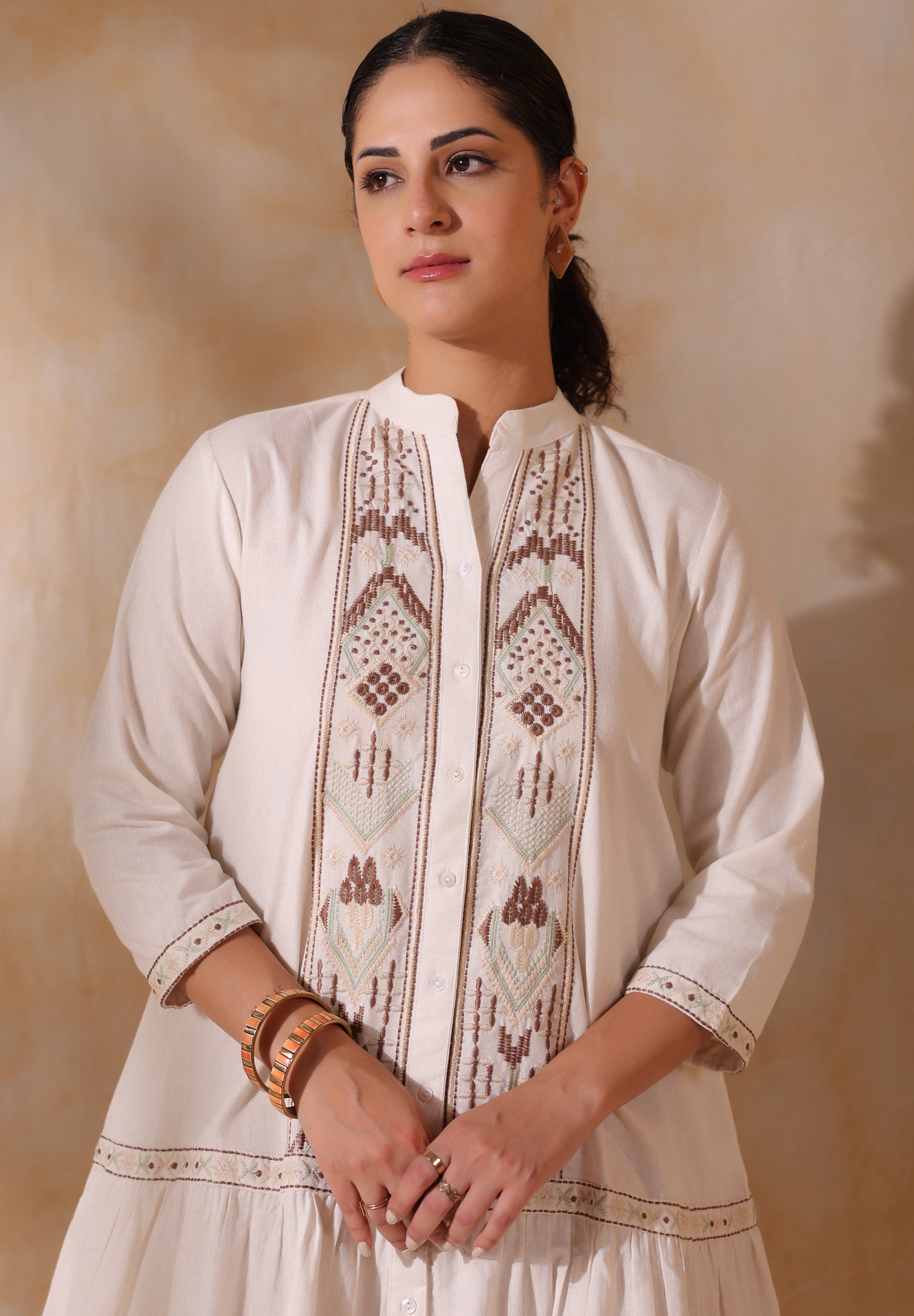 Women Beige Cotton Flex Linen Embroidery Fril Dress