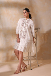 Women Beige Cotton Flex Linen Embroidery Fril Dress