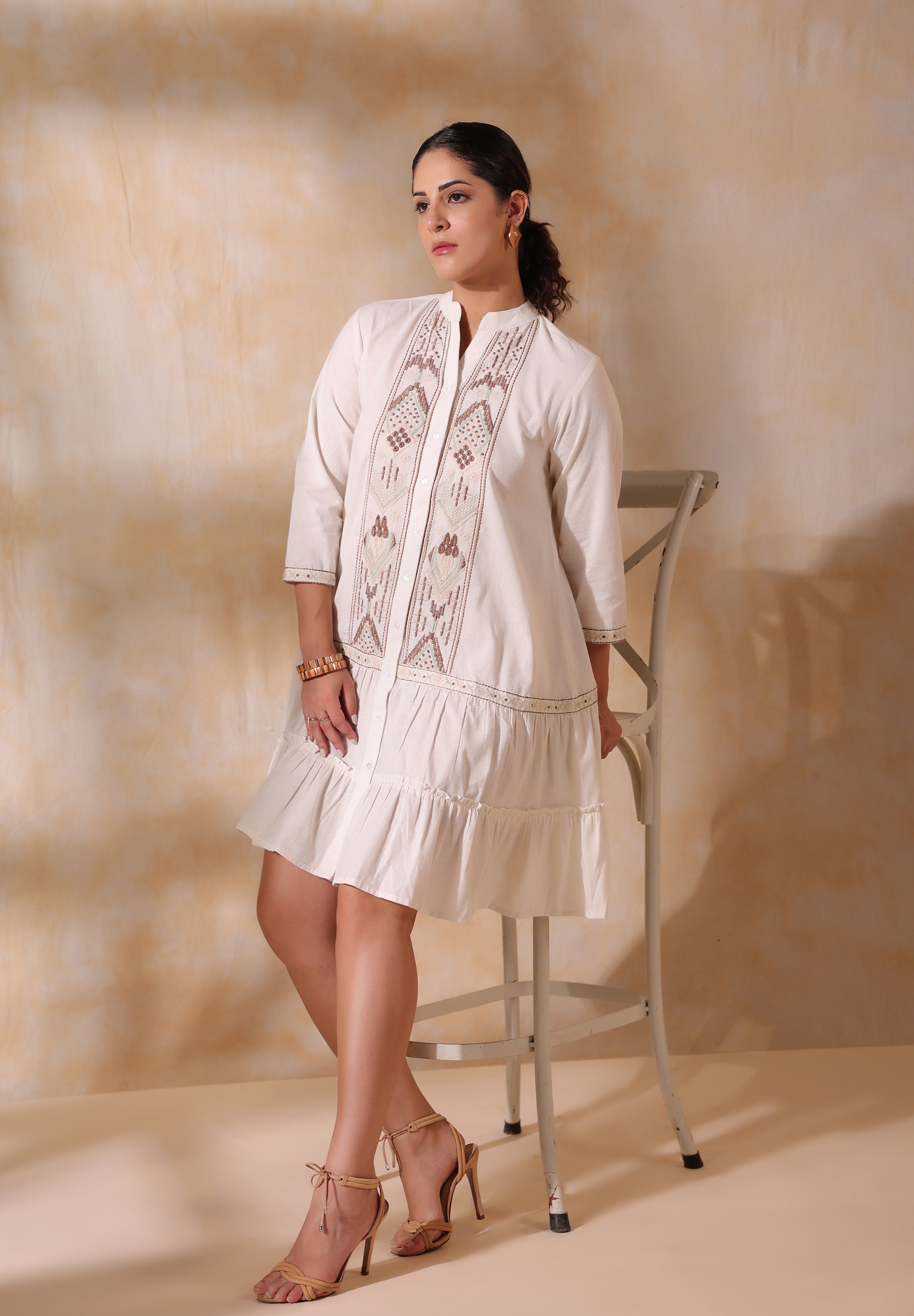 Women Beige Cotton Flex Linen Embroidery Fril Dress