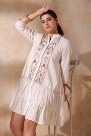 Women Beige Cotton Flex Linen Embroidery Fril Dress