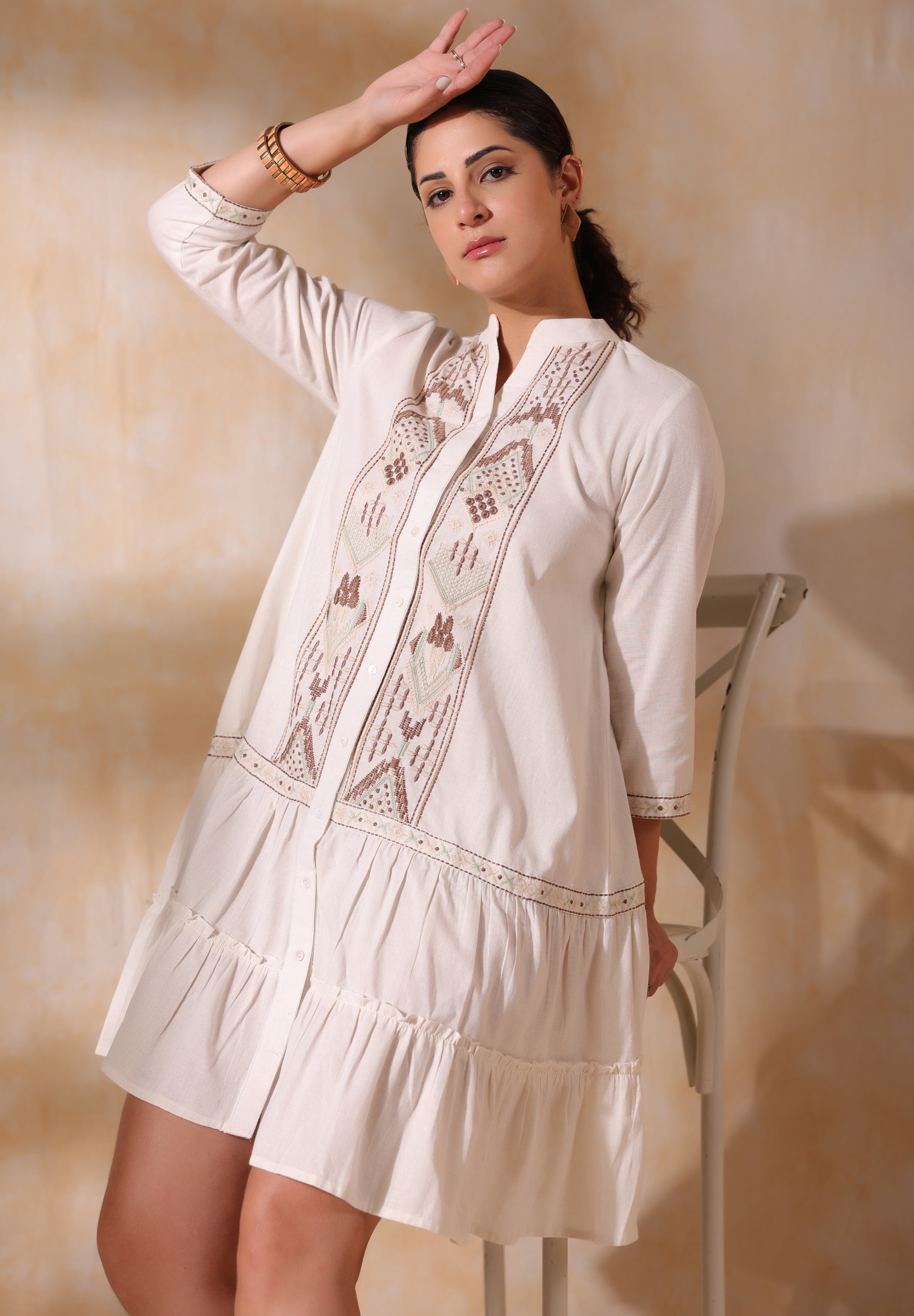 Women Beige Cotton Flex Linen Embroidery Fril Dress