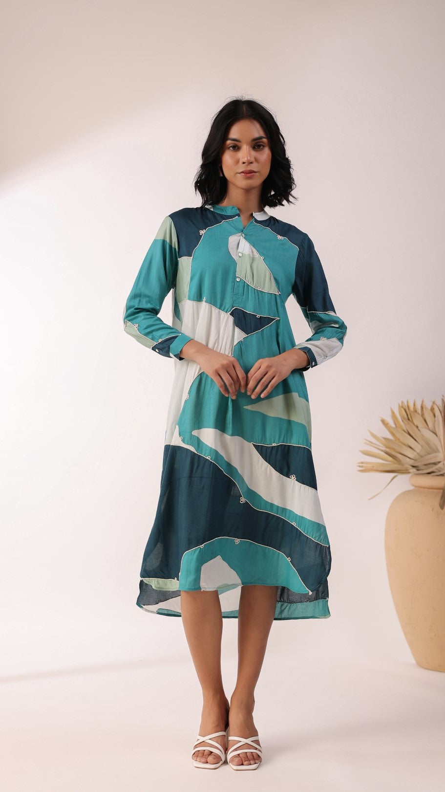 Women Green 60's Modal Viscose Dori Embroidery Dress